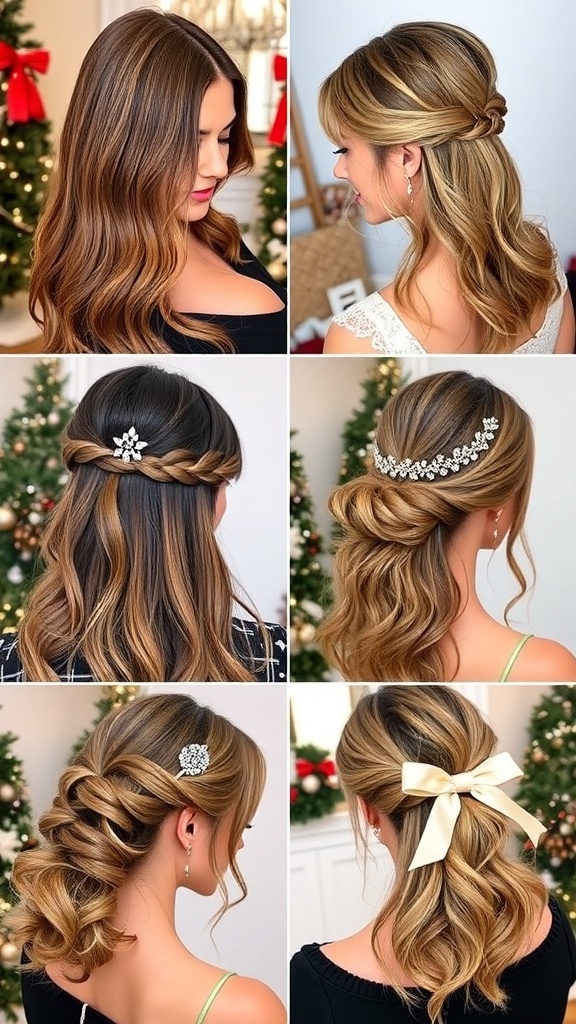 A variety of open hairstyles for Christmas, showcasing festive looks with hair accessories.